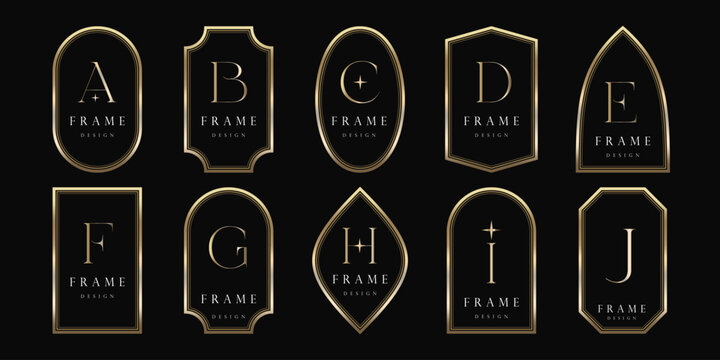  Collection of thin linear gold art deco frame. golden Celestial frame, arch and border. Luxury gold borders for for wedding invitation. Elegant logo line frame Vector illustration
