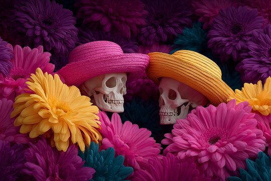 Colorful skeletons adorned with hats surrounded by vibrant flowers, symbolizing life and death.