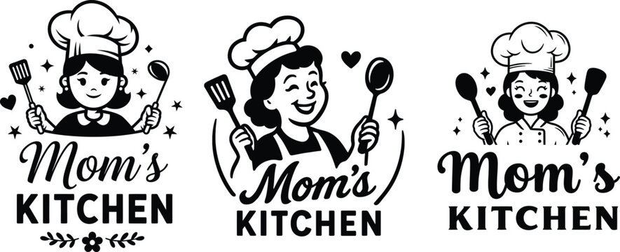 Mom&rsquo;s Kitchen Logo Vector Set &ndash; Retro Female Chef Illustration for Homemade Cooking and Restaurant Branding