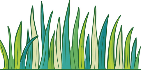 Illustration of blades of grass in varying shades of green and teal, against a white background.