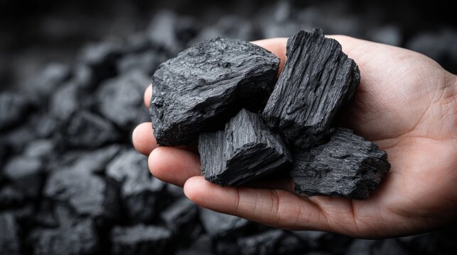 Hand Holding Pieces of Coal: Energy Resource, Fossil Fuel, Power Generation, Mining Industry Concept