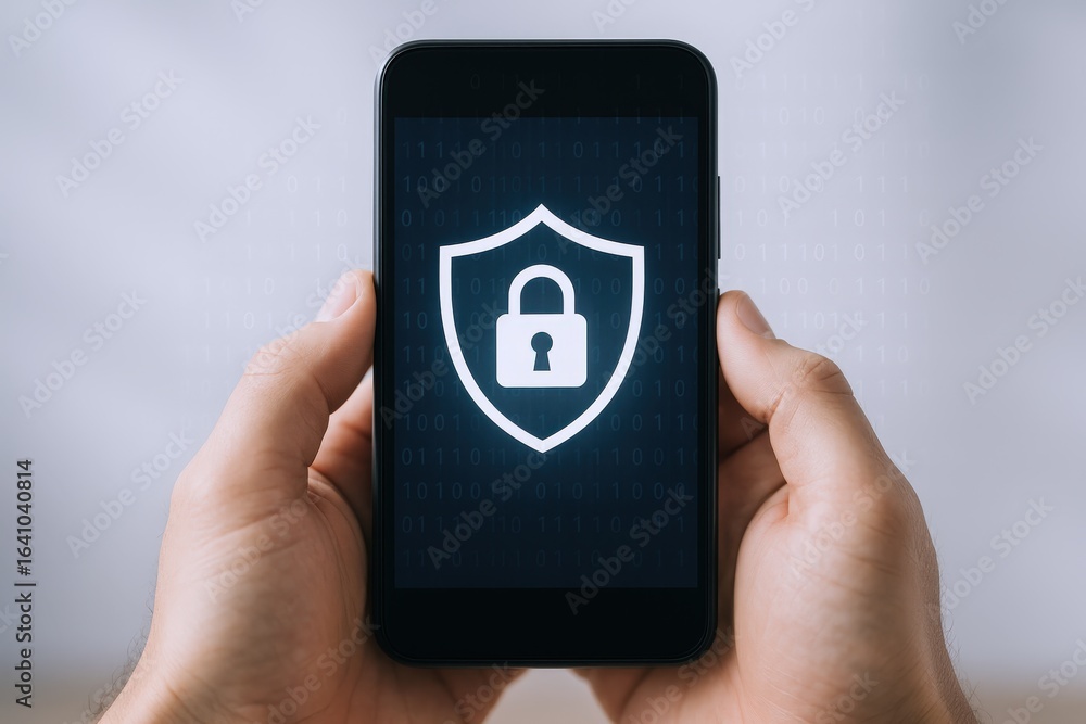 Poster mobile security: hands holding smartphone displaying shield icon with padlock for data protection an