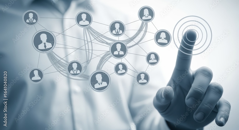 Poster social network connection: man taps touchscreen display interface connecting diverse people with dig