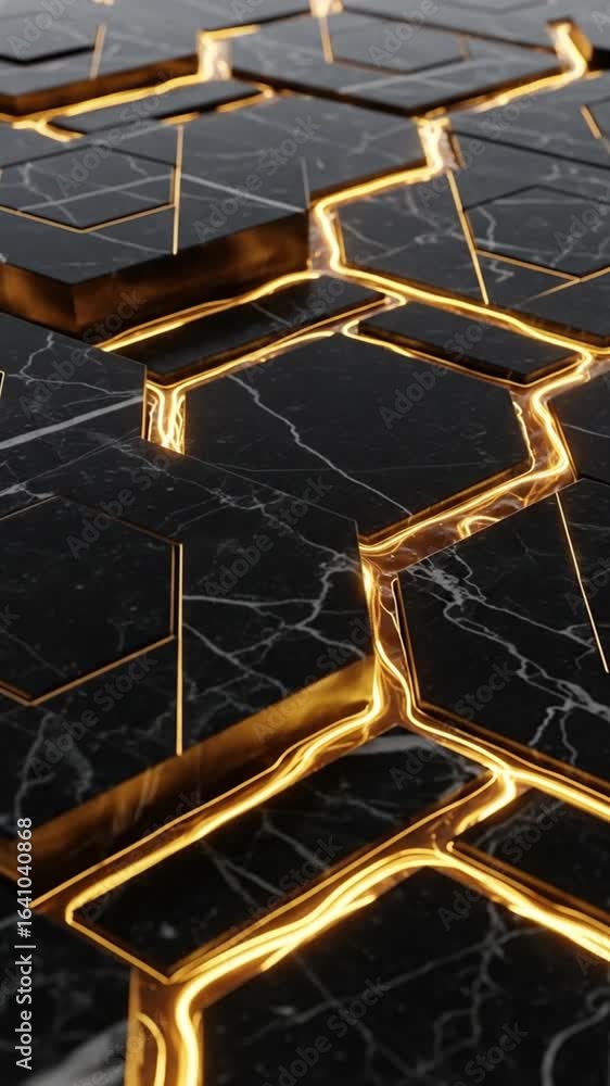 Poster abstract black marble hexagon texture with golden glowing lines and artificial light pattern backgro