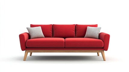 Red suede couch with pillows and wooden legs isolated on white