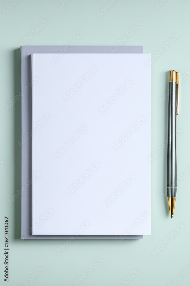 Poster flat lay mockup of a blank notebook and pen on a pastel green surface, perfect for showcasing design