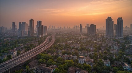 Aerial View of Modern Cityscape at Sunset, Featuring Buildings, Green Spaces, and Transportation Infrastructure
