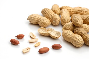 Close-Up of Shelled and Unshelled Peanuts on a Clean White Background

