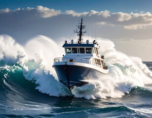 A powerful vessel cuts through large ocean waves, showcasing its strength and stability in a dramatic seascape