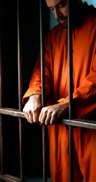 Zoom out FHD video of a prisoner behind the bars. Emotion etched on every line, the hands of a prisoner tightly grip the prison bars, a poignant reminder of lost freedom. Male hands close-up.
