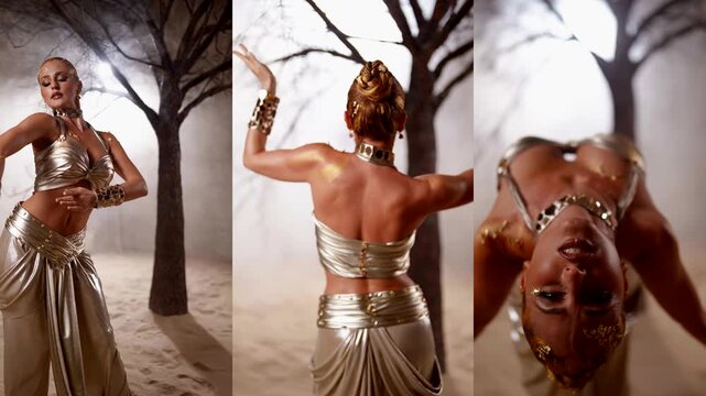 A combination of plastic and facial expressions. The gold of the costume, the expressive look, the details of the makeup, the shine of the body in the soft diffused light.