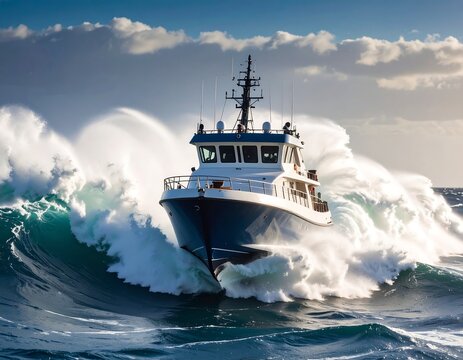 A powerful vessel cuts through large ocean waves, showcasing its strength and stability in a dramatic seascape
