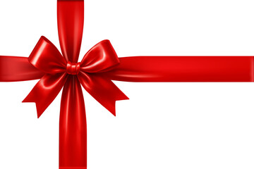 Shiny red ribbon with bow for holiday or advertising design isolated on white.