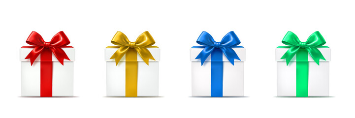 Four white gift boxes with colorful ribbons and bows on a white background.