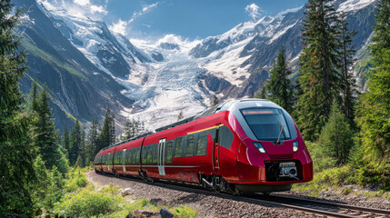 Obraz premium Red train gliding through alpine scenery with snow-capped glaciers under a summer sky