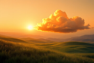 Golden Sunset Over Rolling Hills Landscape Rural Serenity Nature