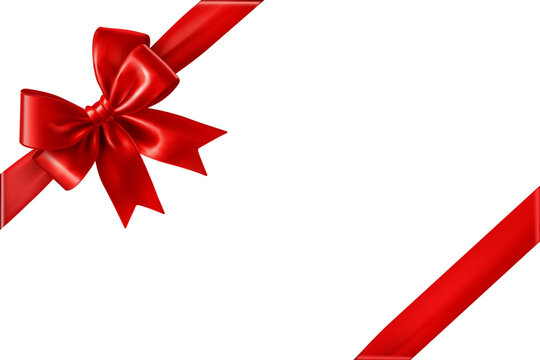 Shiny red ribbon with bow in corner isolated on white background.