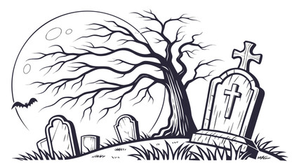 Spooky halloween graveyard scene with a large full moon bare tree tombstones and a flying bat