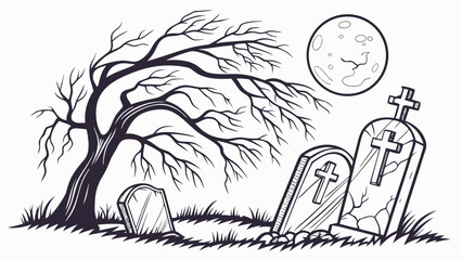 Spooky halloween graveyard scene with a gnarled bare tree tombstones and a full moon
