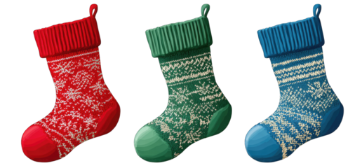 Three Christmas stockings in red, teal, and blue, adorned with snowflake patterns