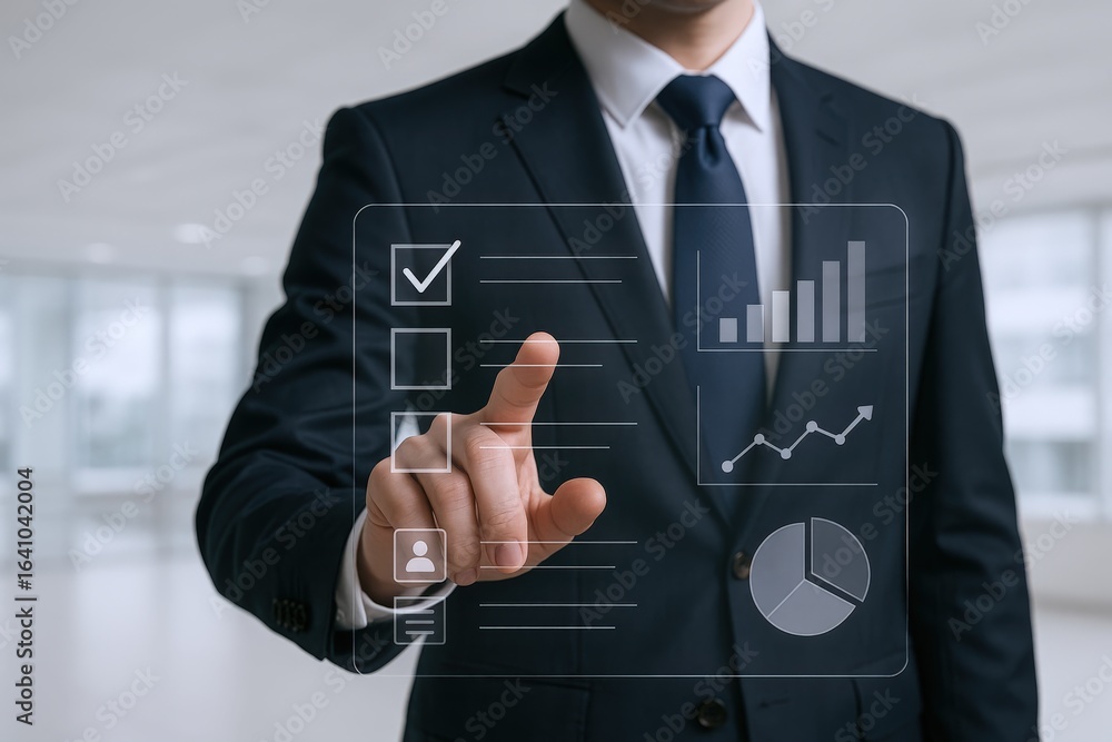 Poster businessman navigating digital interface with charts and checklists for strategic planning and data 