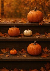 Autumn pumpkins on wooden steps