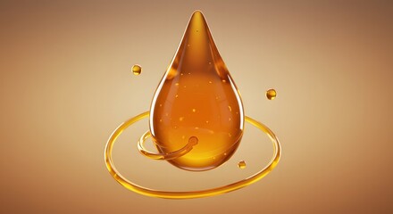Golden liquid drop with swirling golden fluid and tiny bubbles in abstract golden background