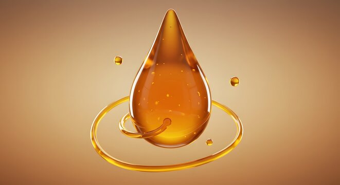 Golden liquid drop with swirling golden fluid and tiny bubbles in abstract golden background