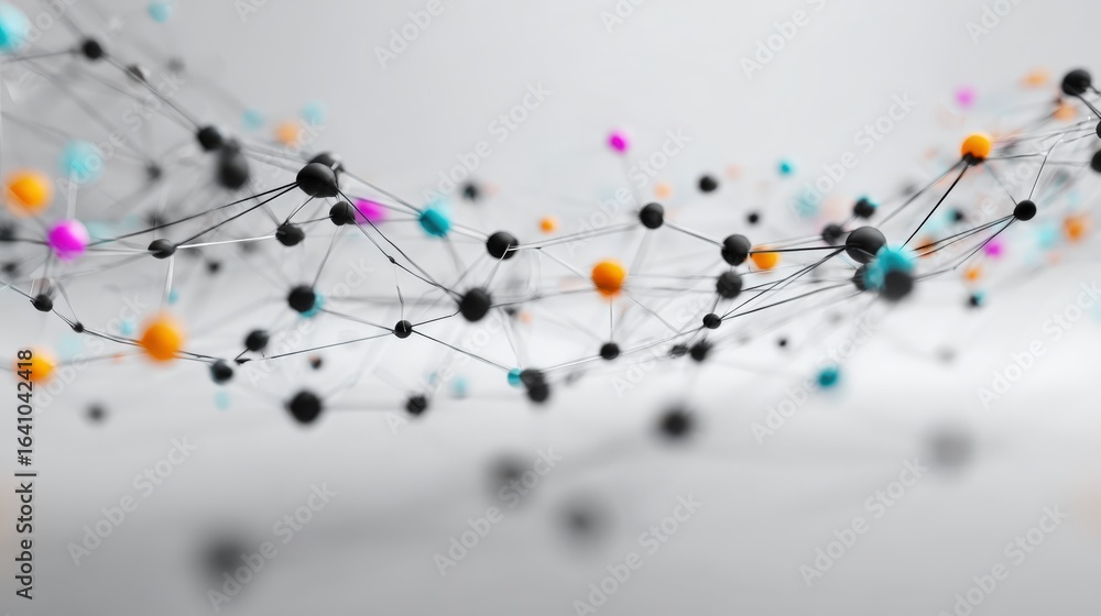 Poster abstract network visualization: interconnected nodes with dynamic colors for data representation and