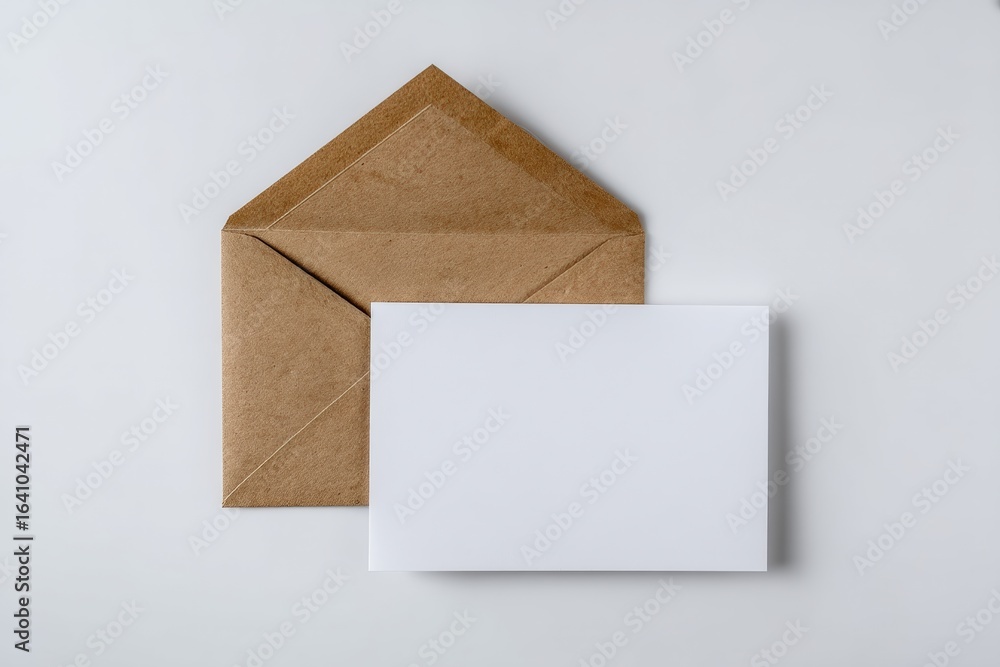 Poster top view of a blank white card placed over a kraft envelope, creating a simple yet elegant mockup fo