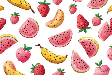Cute Kawaii Fruit Seamless Pattern with Watermelon, Banana, Strawberry, and Apple – Watercolor Style
