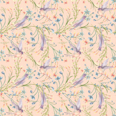 Summer garden seamless pattern isolated. Delicate blue yellow flowers and swallows hand drawn on pink background. Ditsy floral watercolor repeat print with birds. Cute Liberty endless design.