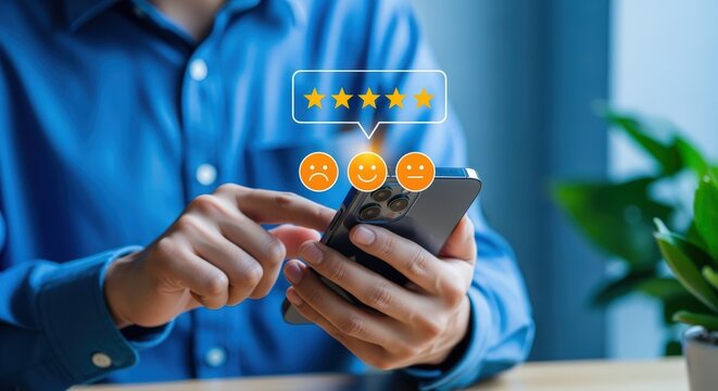 Customer Feedback on Mobile Phone with Star Ratings and Emotional Response Icons for Business