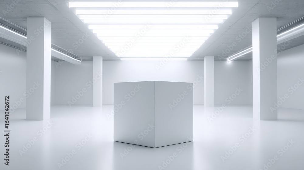 Poster minimalist white cube display platform in a bright, modern gallery space with columns and lighting