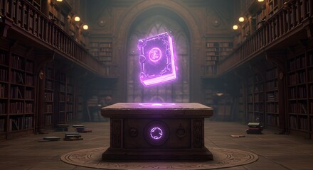 Mystical glowing spellbook levitates above ancient pedestal in grand library, conjuring magic