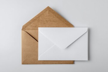 Blank white envelope placed on kraft envelope creating a minimalistic and elegant composition on a white background