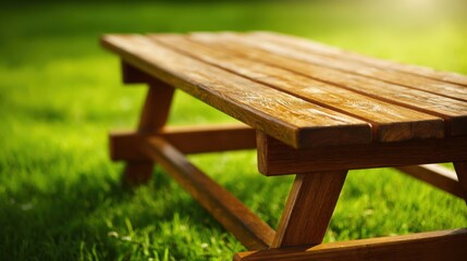 Fototapeta premium Wooden Picnic Table on Green Grass Lawn in Sunlight - Outdoor Seating and Recreation