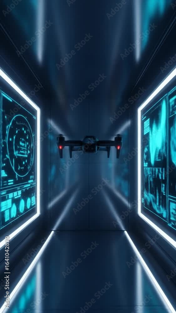 Poster futuristic drone flying through neon lit tunnel with data screens and shiny floor in a vertical pers
