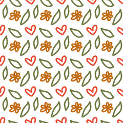 Obraz premium Seamless pattern with red hearts, orange flowers, and green leaves for romantic decor