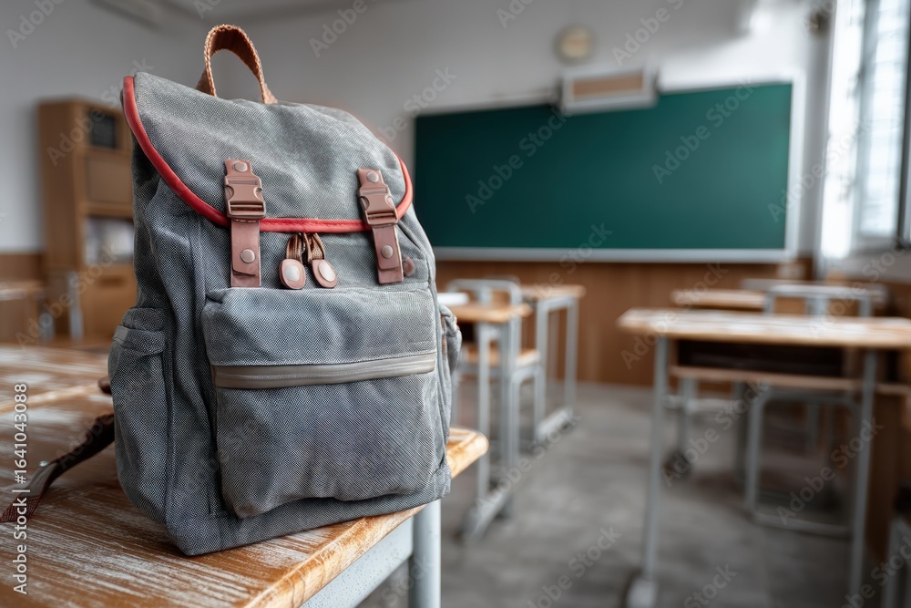Poster gray backpack resting on a desk in an empty classroom with blackboard in the background, symbolizing