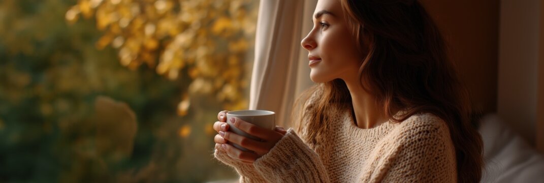 Caucasian young woman enjoying autumn view with coffee by the window - Powered by Adobe