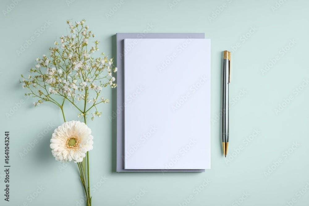 Poster flat lay mockup of a blank white notebook on a light green table, in a minimalistic style with soft 