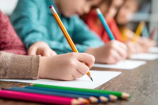 Close up view of children drawing with colored pencils on blank sheets of paper in an elementary school classroom - Powered by Adobe