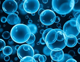 Abstract image of numerous translucent blue spheres of varying sizes floating against a dark background