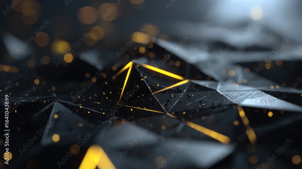 Poster abstract geometric surface with golden highlights, low poly design with dynamic lighting and bokeh