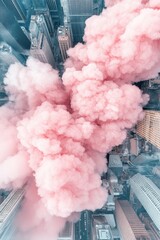 Obraz premium Aerial view of tall buildings. Pink cloud floats among skyscrapers. Cityscape seen from above. Urban landscape with pastel color smoke. City high angle panorama.