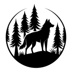 WOLF IN FOREST vector clean black silhouette design white background