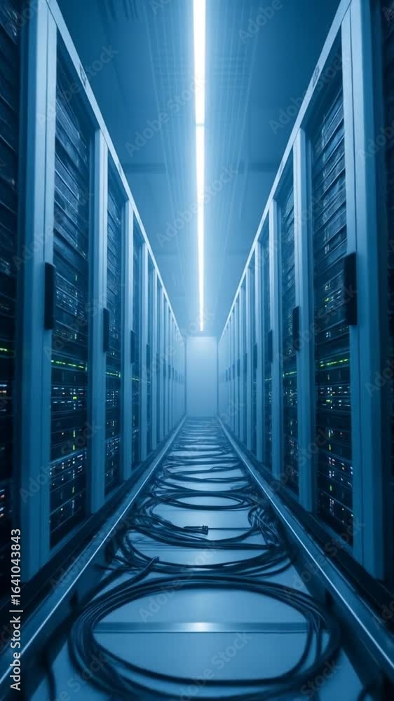 Aufkleber blue server room interior with racks and cables in data center with central neon light providing adv