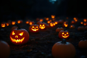 Fototapeta premium Halloween Night A Spooky Patch of Glowing Jack O Lanterns