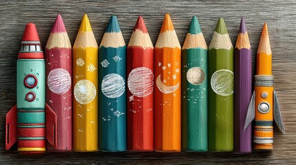 Colorful pencils with space - themed patterns (planets, stars) beside rocket models, showcasing creative stationery and cosmic - themed design.